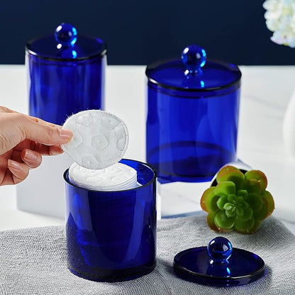 SheeChung 6-Pack Blue Acrylic Apothecary Jars - (3) 12oz & (3) 10oz Qtip Holder Set with Labels - Shatterproof Bathroom Vanity Organizer for Cotton Swabs, Balls, Pads - Coastal Decor