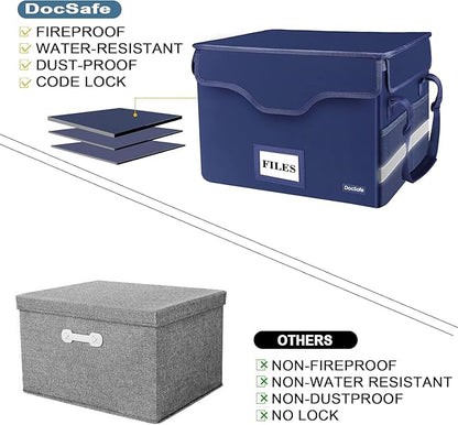 DocSafe Fireproof Document Box with Lock,File Storage Organizer with Pockets,Collapsible Portable File Box Home Office Safe Filing Cabinet with Handle for Hanging Letter/Legal Folders,Blue,2 Pack
