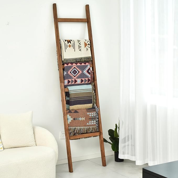 FUIN 6.4ft Extra Wide Wooden Blanket Ladder Living Room Decorative Wal Leaning Farmhouse Quilt Display Holder Rustic Wood Towel Rack for Bathroom, Brown, 18.5 inch Wide