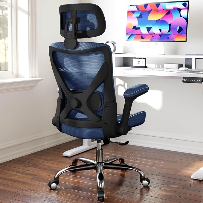 Office Home Ergonomic Desk Chair-Computer X-Shaped Chair Mesh PU Leather with Adjustable Lumbar Support-Executive Chair High Back Flip-Up Arms for Long Hours (Navy Blue)