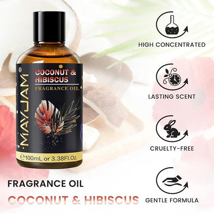Coconut & Hibiscus Fragrance Oil Essential Oil, MAYJAM 3.38FL.OZ Coconut & Hibiscus Oil for Diffusers for Home, Long Lasting Scented Oils for Soap Candle Making - 100ML