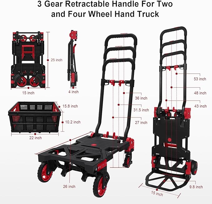 2 in 1 Hand Truck Dolly with Folding Basket,Folding Hand Truck Heavy Duty 330lbs Capacity,Foldable Hand Trcuk with Retractable Handle and Rubber Wheels,Portable Dolly with Bungee Cords for Moving