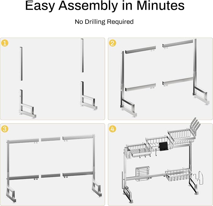 ADBIU Luxurious 304 Stainless Steel Over Sink Dish Drying Rack (Suitable for Sink Length 24.6"- 36.2") Snap-On Design 2 Tier Large Kitchen Dish Rack Stainless Steel Counter Organization and Storage