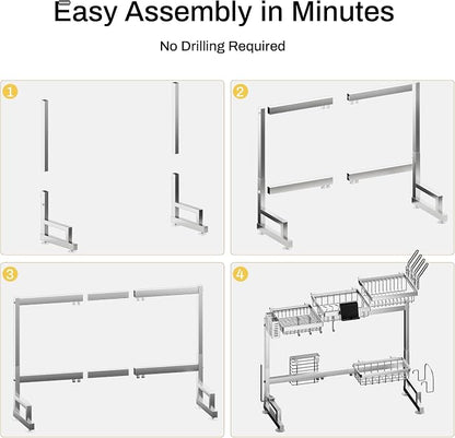 ADBIU Luxurious 304 Stainless Steel Over Sink Dish Drying Rack (Suitable for Sink Length 24.6"- 36.2") Snap-On Design 2 Tier Large Kitchen Dish Rack Stainless Steel Counter Organization and Storage