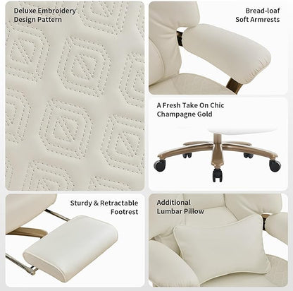 Big and Tall Executive Office Chair with Footrest, 400LBS Capacity Ergonomic High-Back Desk Office Chair with Lumbar Support, Padded Armrests & Thick Cushion, White PU Leather Chairs
