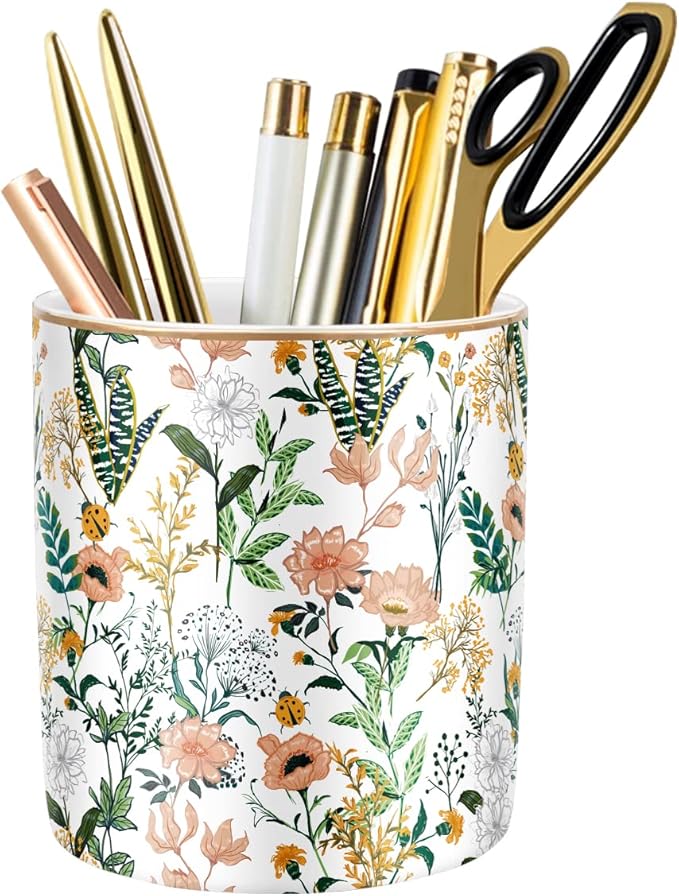 WAVEYU Large Capacity Colored Pen Holder for Desk, Ceramic Pencil Holder Pen Cup Marker Holder Makeup Brush Holders, Desk Accessories & Workspace Organizers for Home, Office, White Flower