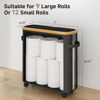 VITVITI Toilet Paper Storage Basket with Lid, Bathroom Toilet Paper Holder Organizer for 9-12 Rolls Large Capacity, Foldable Fabric Bamboo Toilet Paper Container with Pockets, Medium (Black)