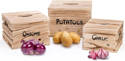 Frcctre 3 Pack Vegetable Storage Bins, Farmhouse Potato Onion Garlic Kitchen Storage Canisters Set, Wooden Stackable Vegetable Keeper with Lid and Aerating Holes for for Pantry Organization