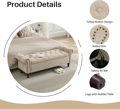 58.1" Storage Bench Upholstered Chenille End of Bedroom Bed Bench Ottoman with Tufted Cushioned Rolled Arm Large Storage Space for Reading Living Room Entryway, Light Brown