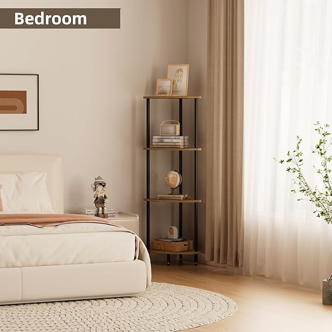 QLSPTFTS 4 Tier Corner Shelf, Bookcase for Small Spaces, Corner Display Shelf, Plant Stand, Rustic Brown and Black,Suitable for Bedroom,Living Room,Kitchen