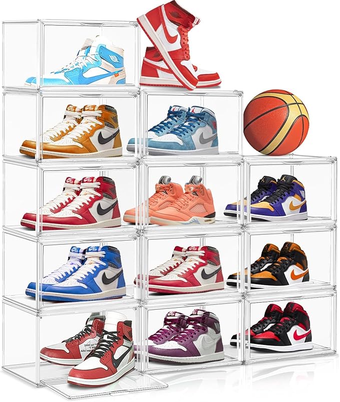 10 Pack Acrylic Clear Shoe Organizers, Size 13 Sneaker Display Case Magnetic Door Shoe Container, Transparent Shoe Boxes for Toy Hat Collectible in Entryway, Hallway, Closet, Underbed