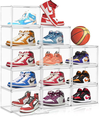 10 Pack Acrylic Clear Shoe Organizers, Size 13 Sneaker Display Case Magnetic Door Shoe Container, Transparent Shoe Boxes for Toy Hat Collectible in Entryway, Hallway, Closet, Underbed