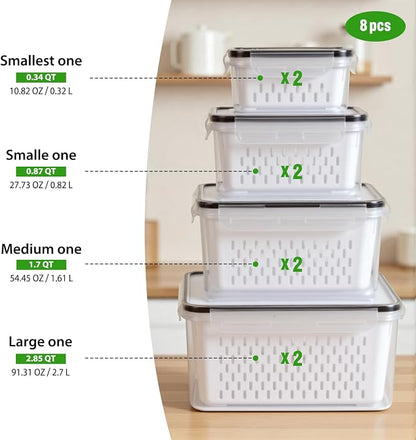 8 PCS Fruit Storage Containers for Fridge, Leakproof Produce Containers for Fridge with Removable Colander, Microwave/Dishwasher Safe Fruit Washing Bowl Keep Fruits, Vegetables, Berry Fresh longer