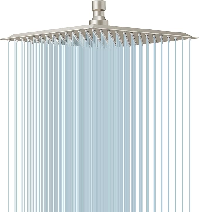 BESy 10 Inch Rain Shower Head, 10" Square Rainfall & High Pressure Stainless Steel Bath Shower Head, 1/16" Ultra Thin, Waterfall Full Body Coverage with Silicone Nozzle, Non Fingerprint Brushed Finish