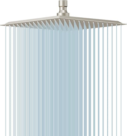 BESy 10 Inch Rain Shower Head, 10" Square Rainfall & High Pressure Stainless Steel Bath Shower Head, 1/16" Ultra Thin, Waterfall Full Body Coverage with Silicone Nozzle, Non Fingerprint Brushed Finish