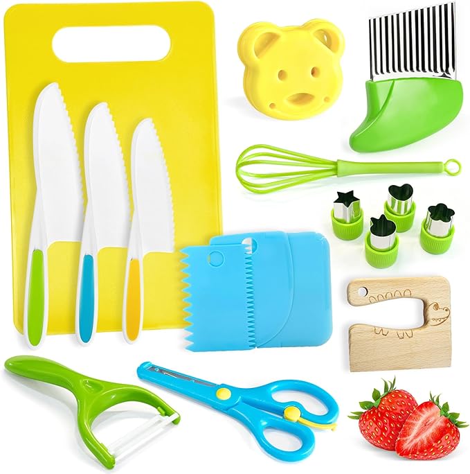 Chanking 17 Pieces Kids Safe Knife Set for Real Cooking Child-Friendly Plastic Chef Tools Montessori Kitchen Toys for Toddlers Birthday Gifts for Boys and Girls Ages 4+ (A)