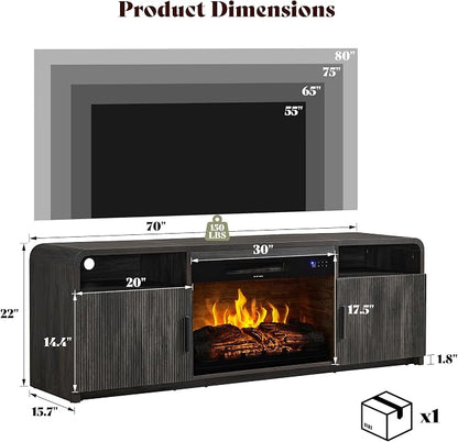 AMERLIFE 70" Fluted Fireplace TV Stand for TVs Up to 80", Modern TV Console with 30" Electric Fireplace & Storage Cabinets, Media Entertainment Center for Living Room, Black