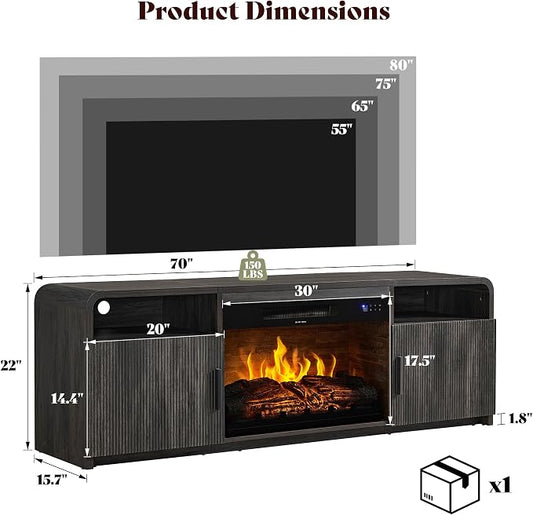 AMERLIFE 70" Fluted Fireplace TV Stand for TVs Up to 80", Modern TV Console with 30" Electric Fireplace & Storage Cabinets, Media Entertainment Center for Living Room, Black