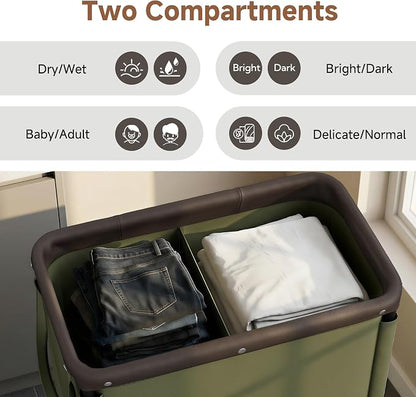 StorageWorks Laundry Hamper 2 Section, 100L Rolling Laundry Sorter Cart with Removable and Washable Liner Bag, Clothes Hamper with Wheels and Handle for Laundry Room and Bedroom, Green