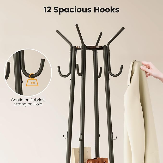 Homeiju Coat Rack Freestanding with Storage Basket & 12 Hooks, Heavy Duty Hall Tree for Entryway, Standing Coat Rack with Shelf for Hallway, Bedroom, Office Organization