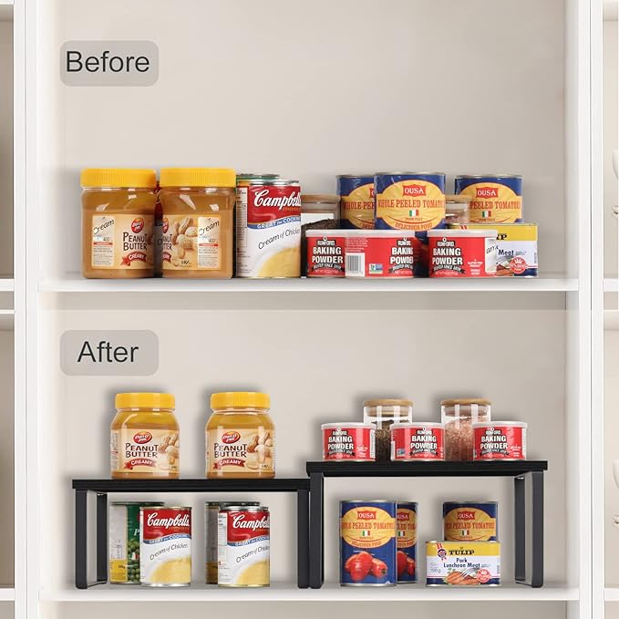CADUKE Counter Shelf Organizer Set of 2 Kitchen Cabinet Shelves Expandable Countertop Shelves Organizer Wood Cabinet Shelf Black Stackable Storage Rack for Pantry