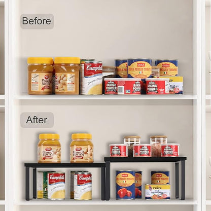 CADUKE Set of 4 Kitchen Counter Shelves Stackable Shelf Organizer Wood Countertop Shelves Expandable Cabinet Shelf Organizers Countertop Storage Rack for Pantry, Industrial Black
