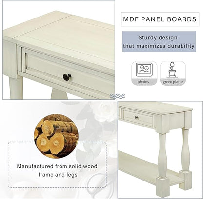 Knocbel 64 Inch Long Antique Entry Console Table with Drawers & Bottom Open Shelf, Solid Wood Sofa Couch Table for Entryway Hallway Living Room (Antique White)