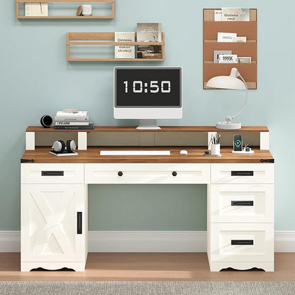 Farmhouse Executive Desk with Drawers & Storage Shelves, 55" Computer Desk with Power Outlets, Home Office Desk with Monitor Stand & File Drawers, Writing Study Table, Antique White