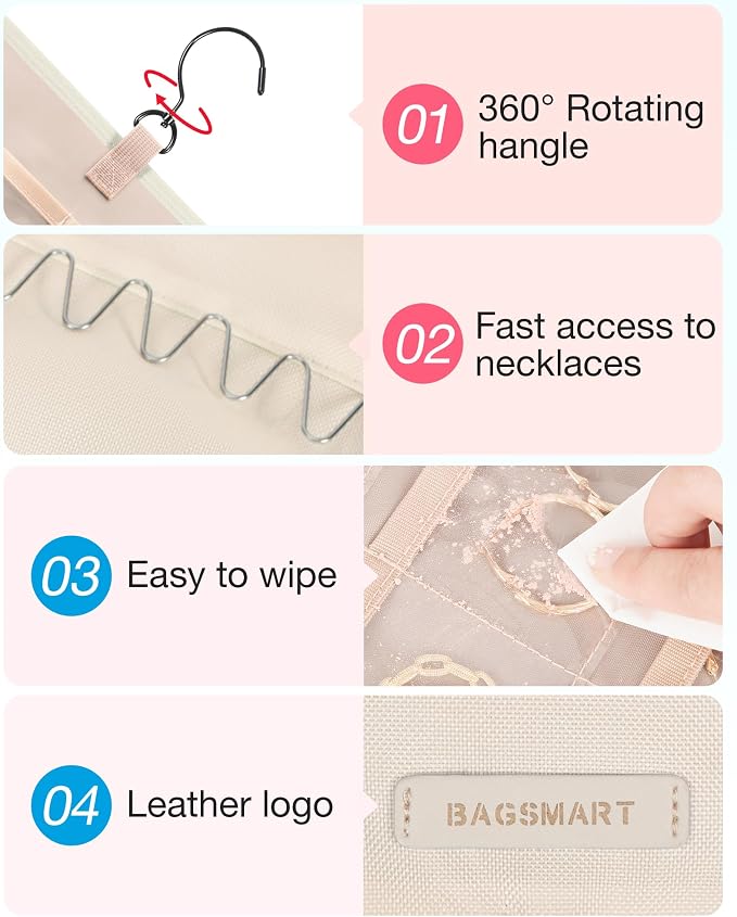 BAGSMART Hanging Jewelry Organizer Storage Roll with Hanger Metal Hooks Double-Sided Jewelry Holder for Earrings, Necklaces, Rings on Closet, Wall, Door, 1 piece, Large, Beige