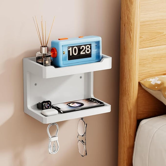 NiHome Large Wall Mounted Wooden Bedside Organizer, Double Storage Shelves & Magnetic Hooks, Solid Wood Bedside Shelf for Phone Glasses Remote Keys, Space-Saving Wall Rack for Bedroom RV Dorm (White)