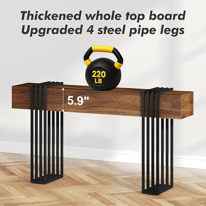 63 Inch Long Console Table, Extra Thick Industrial Sofa Table Behind The Couch Rectangular Entryway Table for Entrance Hallway Living Room, Entire top Board & 4-Pipe Legs, Rustic Brown