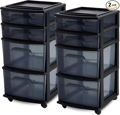 HOMZ 2-Pack Drawer Tower, 4-Tier Clear Plastic Storage Organizer Cart, Black Tint and Frame - Organizing Containers with Wheels for Home, Bathroom, Bedroom, Office, and Classroom