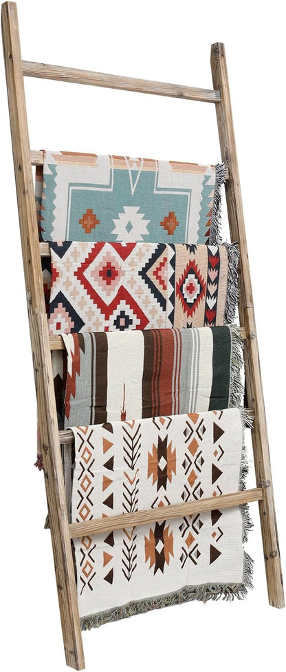 FUIN Extra Wide 6.4ft Wooden Blanket Ladder Living Room Decorative Wal Leaning Farmhouse Quilt Display Holder Rustic Wood Towel Rack for Bathroom, Burnt Brown, 38 inch Wide