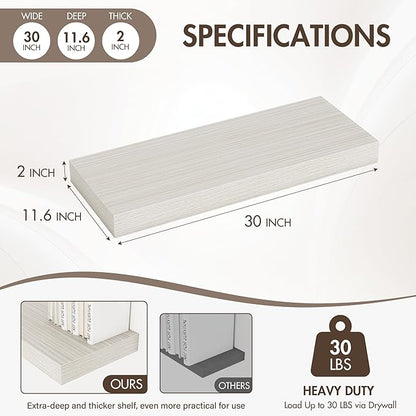 Acovy 30 Inch Floating Shelves, 12" Deep Floating Shelf Wall Mounted, 30" Wall Shelves, Rustic Deep Bookshelf, Extra Deeper & Thicker Display Shelves for Bedroom, Living Room, Gray, Set of 2