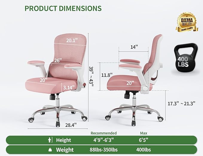 Home Office Computer Desk Chair - 400lbs Ergonomic High Back Comfy Task Chairs for Big and Tall People, Comfy Office Chair with Adjustable Lumbar Support for Bedroom, Study, Student (Pink)