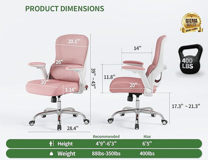 Home Office Computer Desk Chair - 400lbs Ergonomic High Back Comfy Task Chairs for Big and Tall People, Comfy Office Chair with Adjustable Lumbar Support for Bedroom, Study, Student (Pink)