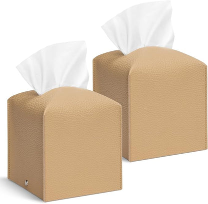 Aisoso 2 Pcs Square Cream Tissue Box Cover PU Leather Decorative Tissue Organizer Dispenser Holder for Bathroom, Desk, Home, Car, Office, 5.12" X 5.12" X 5.12"
