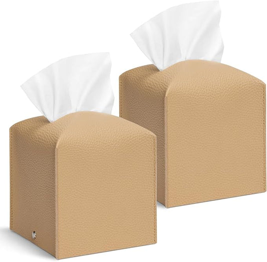 Aisoso 2 Pcs Square Cream Tissue Box Cover PU Leather Decorative Tissue Organizer Dispenser Holder for Bathroom, Desk, Home, Car, Office, 5.12" X 5.12" X 5.12"