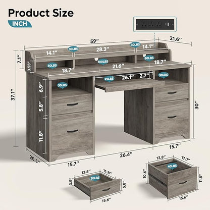 Bestier Farmhouse 59" Executive Desk with Drawers, Wood Computer Desk with Charging Station, Home Office Desk with Keyboard Tray & Monitor Stand, Sturdy Pedestal Desk for Work Study, Grey