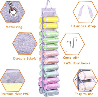Legging Storage Bag Storage Hanger Can Holds 24 Leggings or Shirts Jeans Compartment Storage Hanger, Foldable Leggings Organizer Clothes Portable Closets Roll Holder (Light Purple)