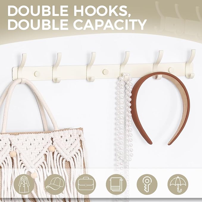Dntorx Coat Rack Wall Mount, 2 Pack Coat Hooks Hanger Wall Double Hook Rack Rail Towel Hat Rack Entryway Bathroom Hanger Organizer for Robes, Clothes, Bags, Hat(White)