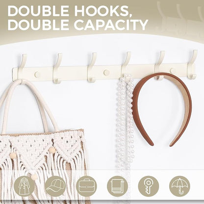 Dntorx Coat Rack Wall Mount, 2 Pack Coat Hooks Hanger Wall Double Hook Rack Rail Towel Hat Rack Entryway Bathroom Hanger Organizer for Robes, Clothes, Bags, Hat(White)