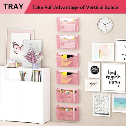 3 Single Pocket Wall File Holder, Mesh Hanging File Folder Paper Organizer, Vertical Wall Mounted Mail Basket, Storage Organization Magazine Rack for Office, Home and School, Pink