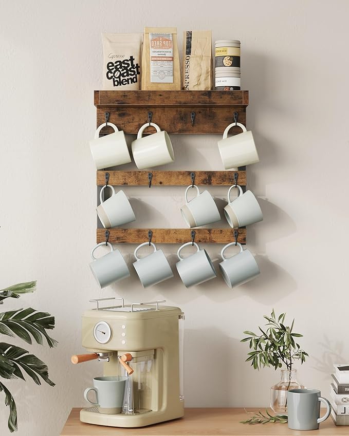 OROPY Coffee Mug Rack Wall Mounted, Rustic Wood Cups Rack with 12 Hooks and Storage Shelf, for Home Kitchen Display and Collection (Rustic Brown)