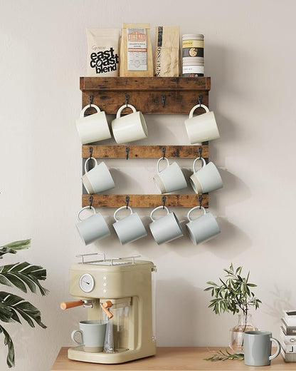 OROPY Coffee Mug Rack Wall Mounted, Rustic Wood Cups Rack with 12 Hooks and Storage Shelf, for Home Kitchen Display and Collection (Rustic Brown)