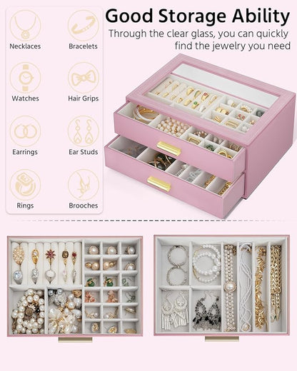 AKOZLIN Jewelry Box with Clear Lid Functional Leather Jewelry Storage Organizer Case 2 Drawers for Women Girls Necklace Ring Bracelet Earring