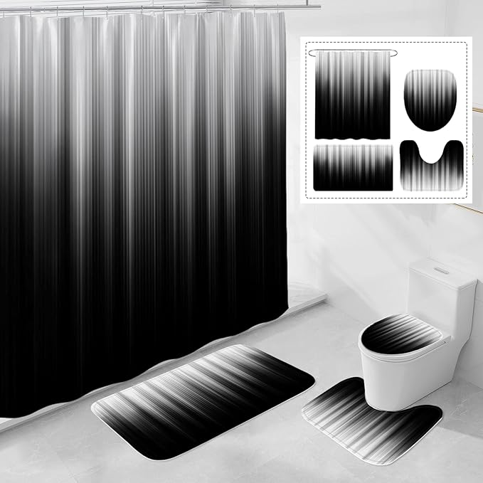 4 Pcs Grey and Black Gradient Shower Curtain Set with Rugs and Toilet Lid Cover, Modern Simple Waterproof Fabric Bathroom Set, Ombre Stripe Gothic Abstract Bathroom Decor Set Accessories