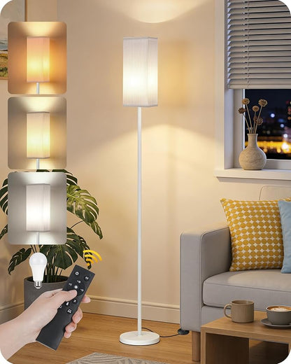64.2” Dimmable Floor Lamp for Living Room with Remote and Foot Switch, Corner Floor Lamp for Bedroom, Includes 10W A19 Bulb, Modern Standing Tall Lamp, ETL Listed, White WCW17LD05