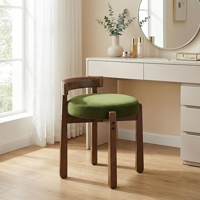 HNY Velvet Makeup Stool in Vintage Green: Compact Round Ottoman Chair with Wooden Legs, Perfect for Small Spaces Like Entryway, Cloakroom & Boudoir