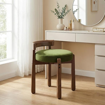 HNY Velvet Makeup Stool in Vintage Green: Compact Round Ottoman Chair with Wooden Legs, Perfect for Small Spaces Like Entryway, Cloakroom & Boudoir